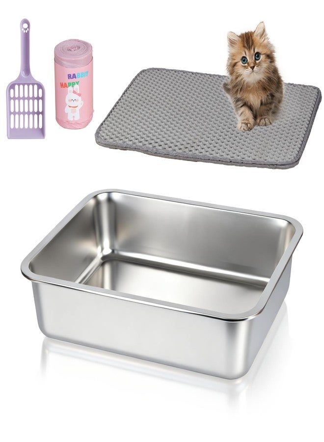 MXCELL Stainless Steel Sifting Cat Litter Box - 17.5" x 13.5" x 4" Metal High Sided Open Top Cat Pan Sifting Non Stick Surface Litterbox Odor Control Non-Clumping with Scoop Litter Mat Trash Bag - Image 1